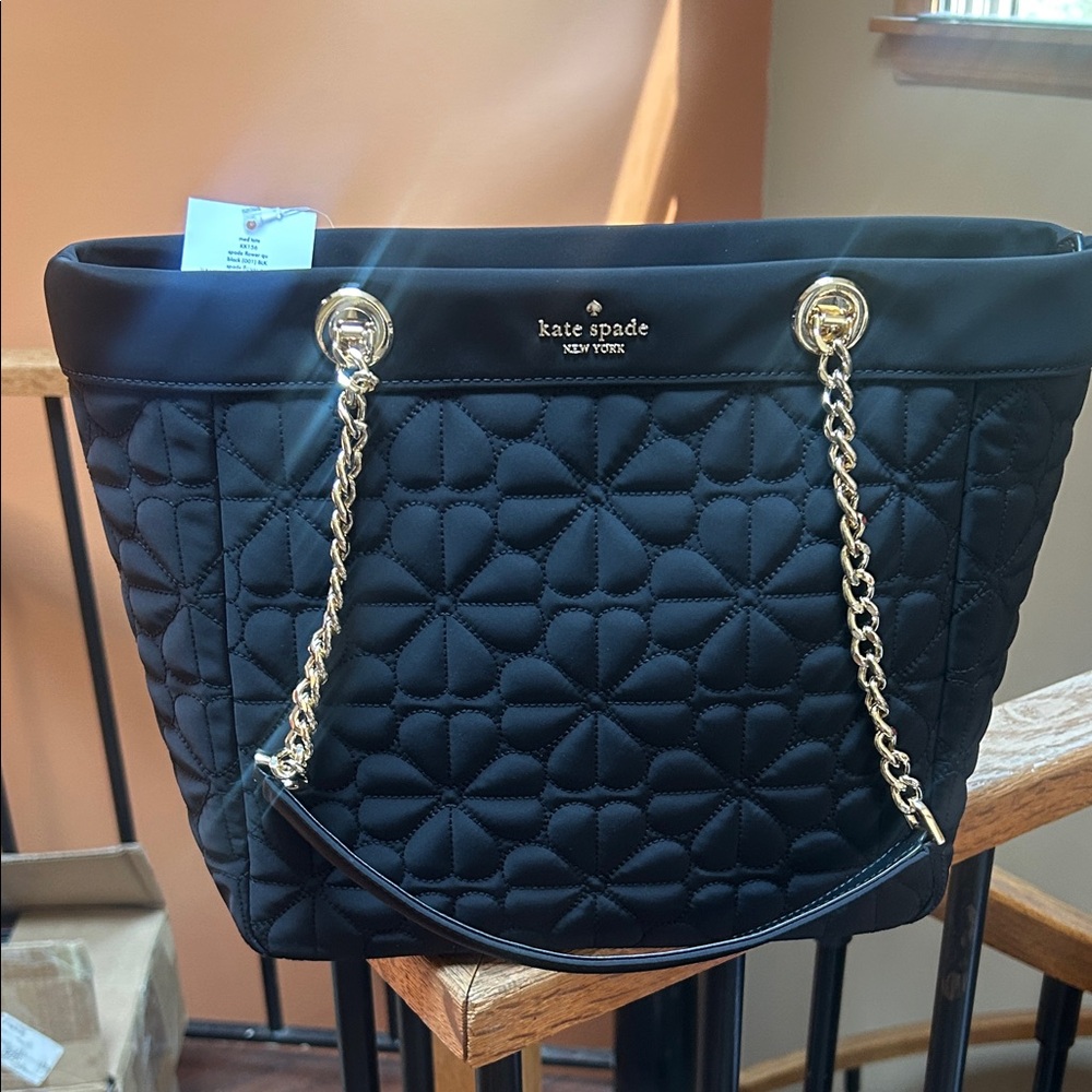Kate Spade Black Quilted Tote with Gold Chain